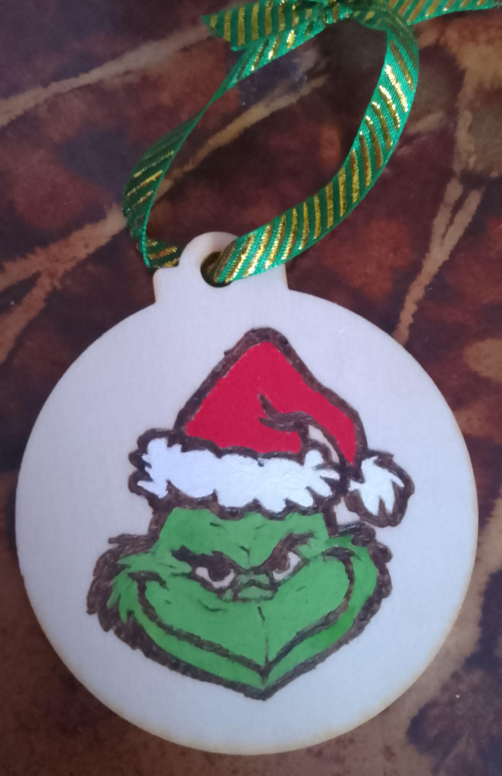 Handmade Grinch Wood burning Christmas Bauble