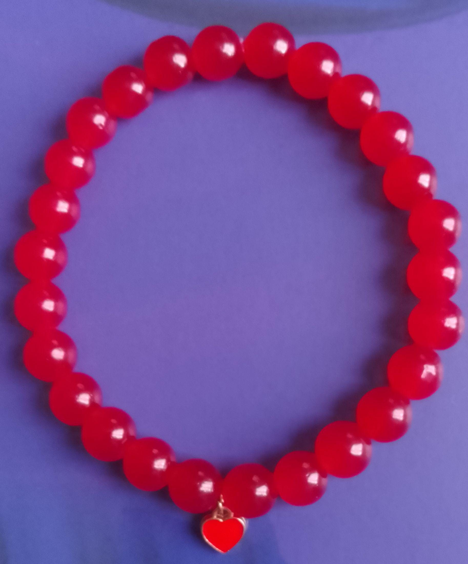 Red Glass Bead Bracelets with Heart Charm